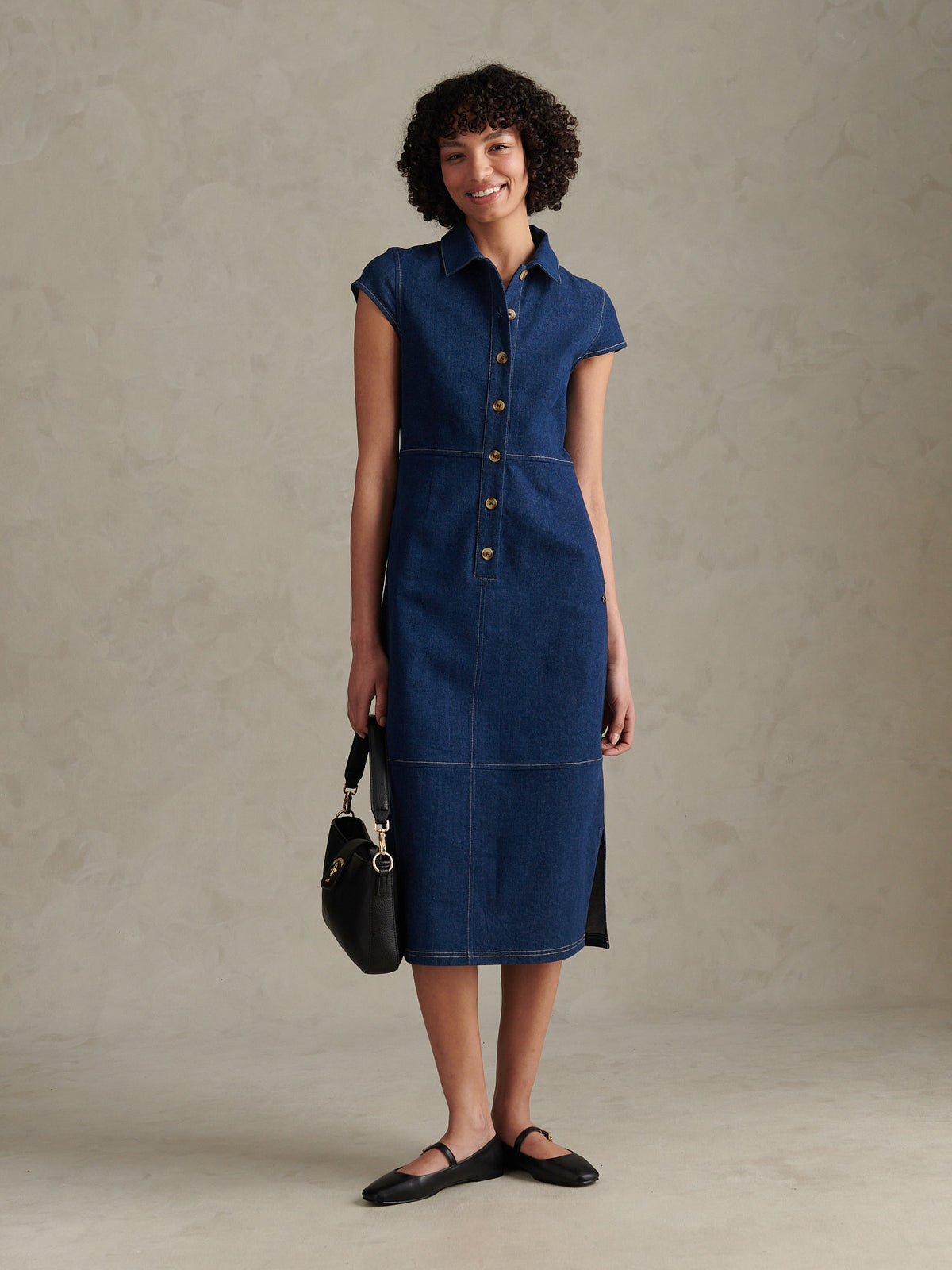 Womens Denim Midi Shirt Dress Mid Wash