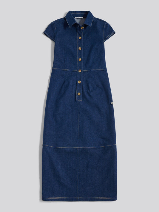 Womens Denim Midi Shirt Dress Mid Wash