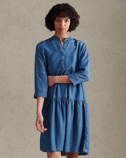 Womens Chambray Mini Tiered Smock Dress Light Blue Chambray