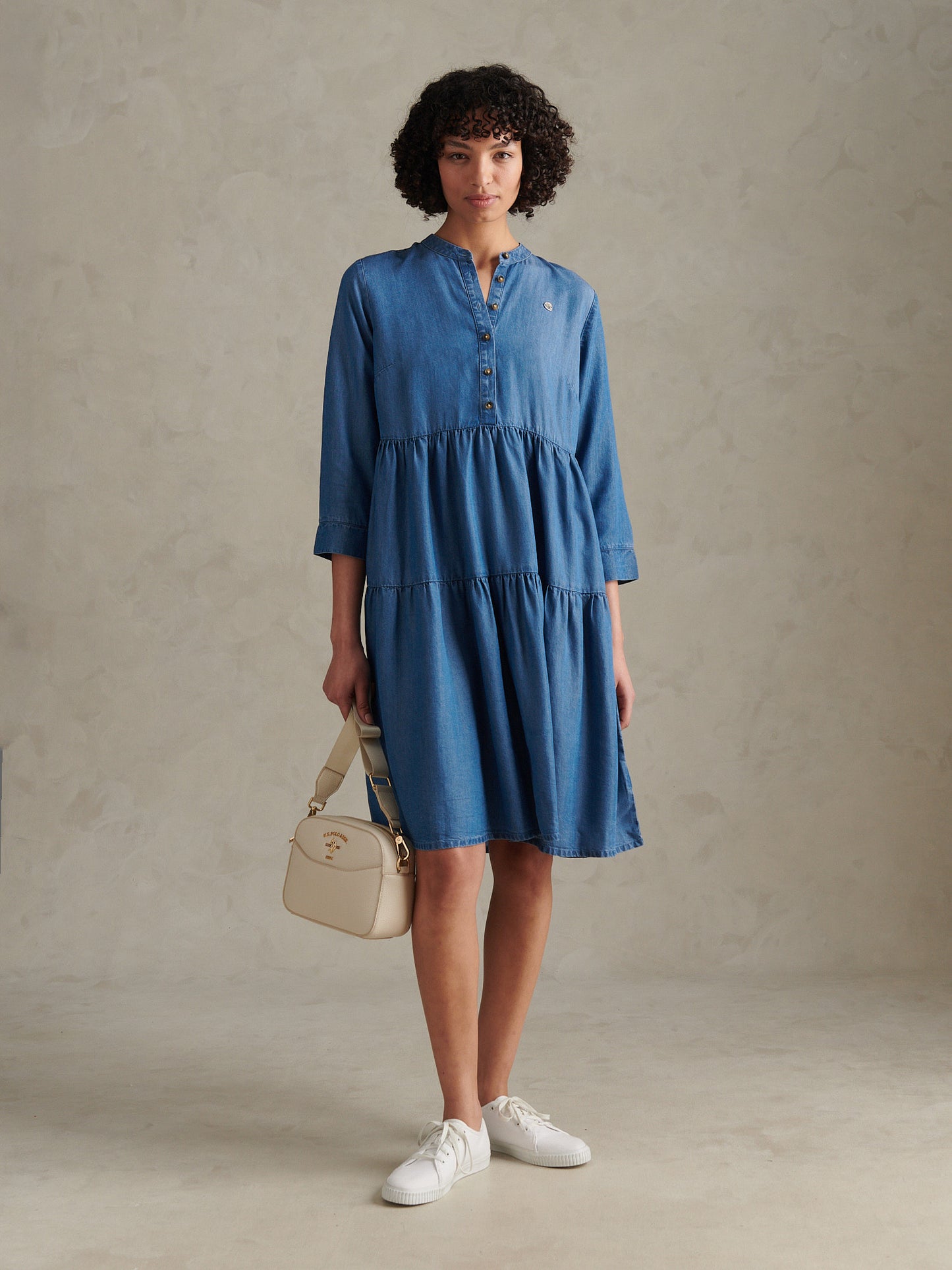 Womens Chambray Mini Tiered Smock Dress Light Blue Chambray