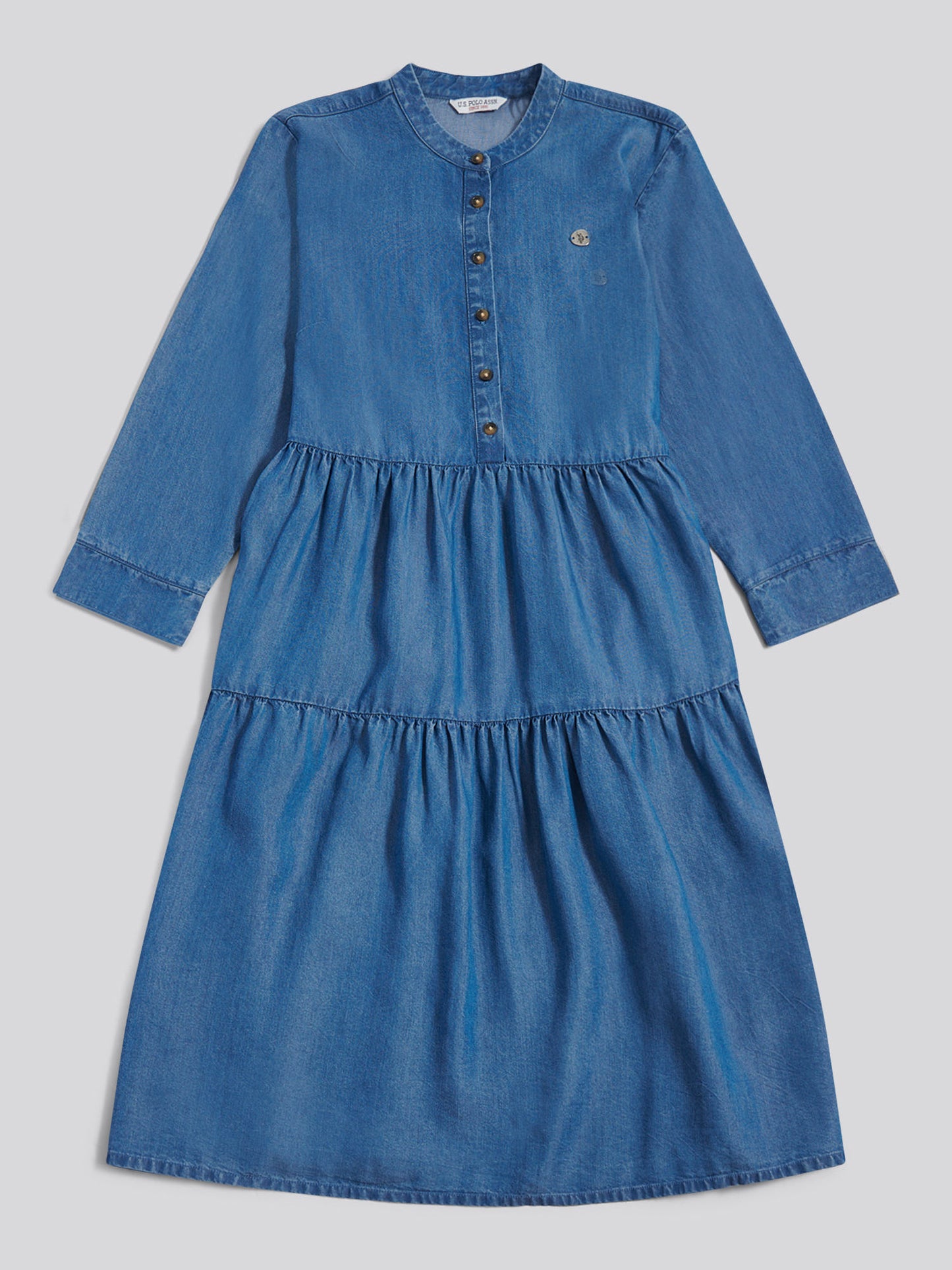 Womens Chambray Mini Tiered Smock Dress Light Blue Chambray