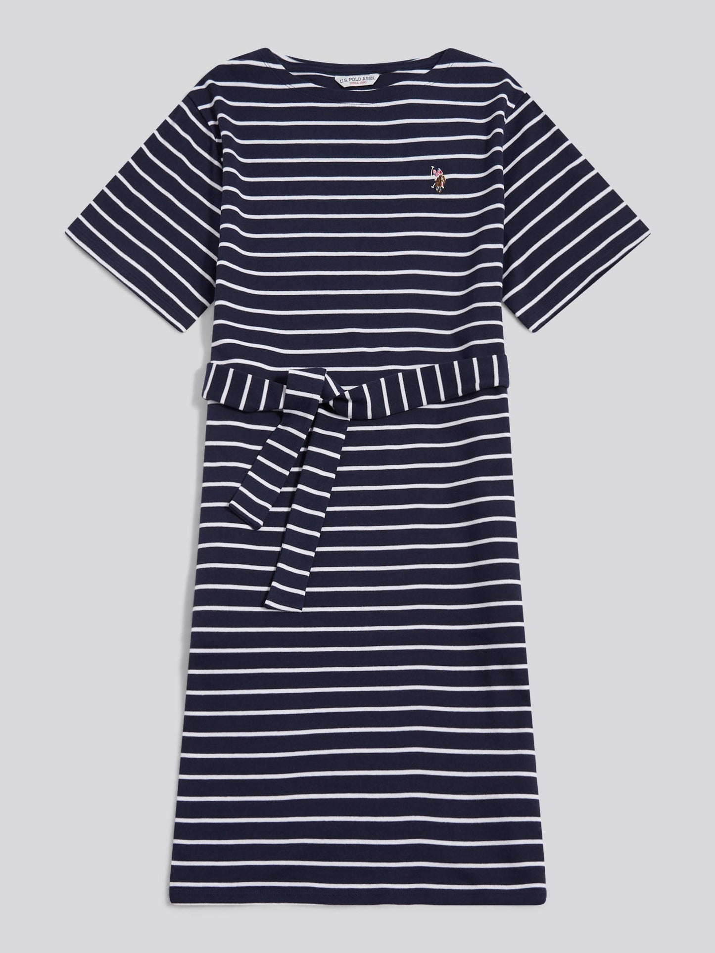 Womens Stripe Belted Boat Neck Midi Dress Navy Iris