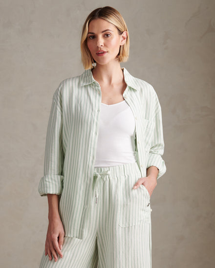 Womens Linen Blend Loose Fit Stripe Shirt Misty Jade