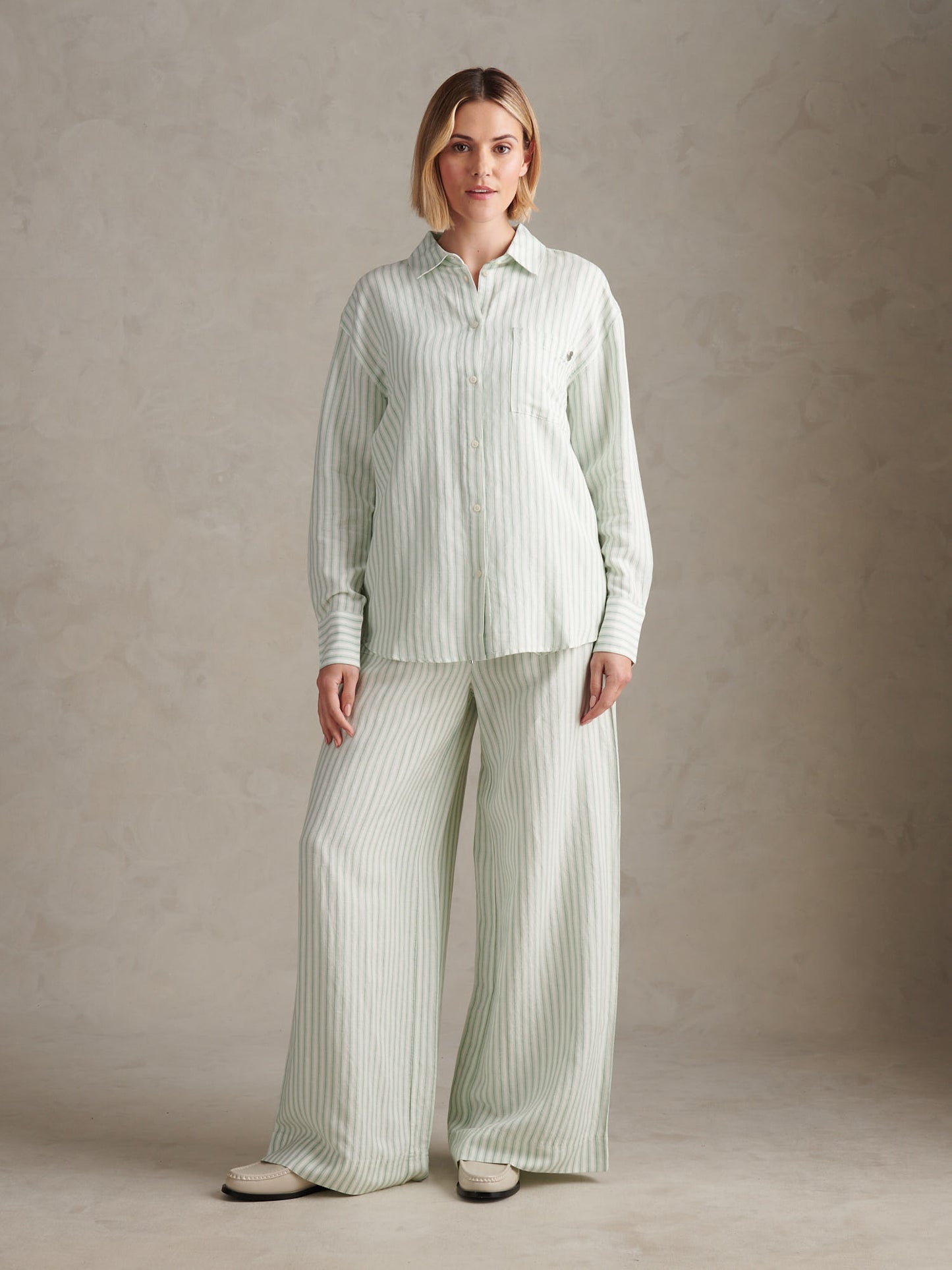 Womens Linen Blend Loose Fit Stripe Shirt Misty Jade