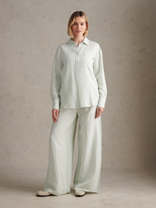 Womens Linen Blend Loose Fit Stripe Shirt Misty Jade