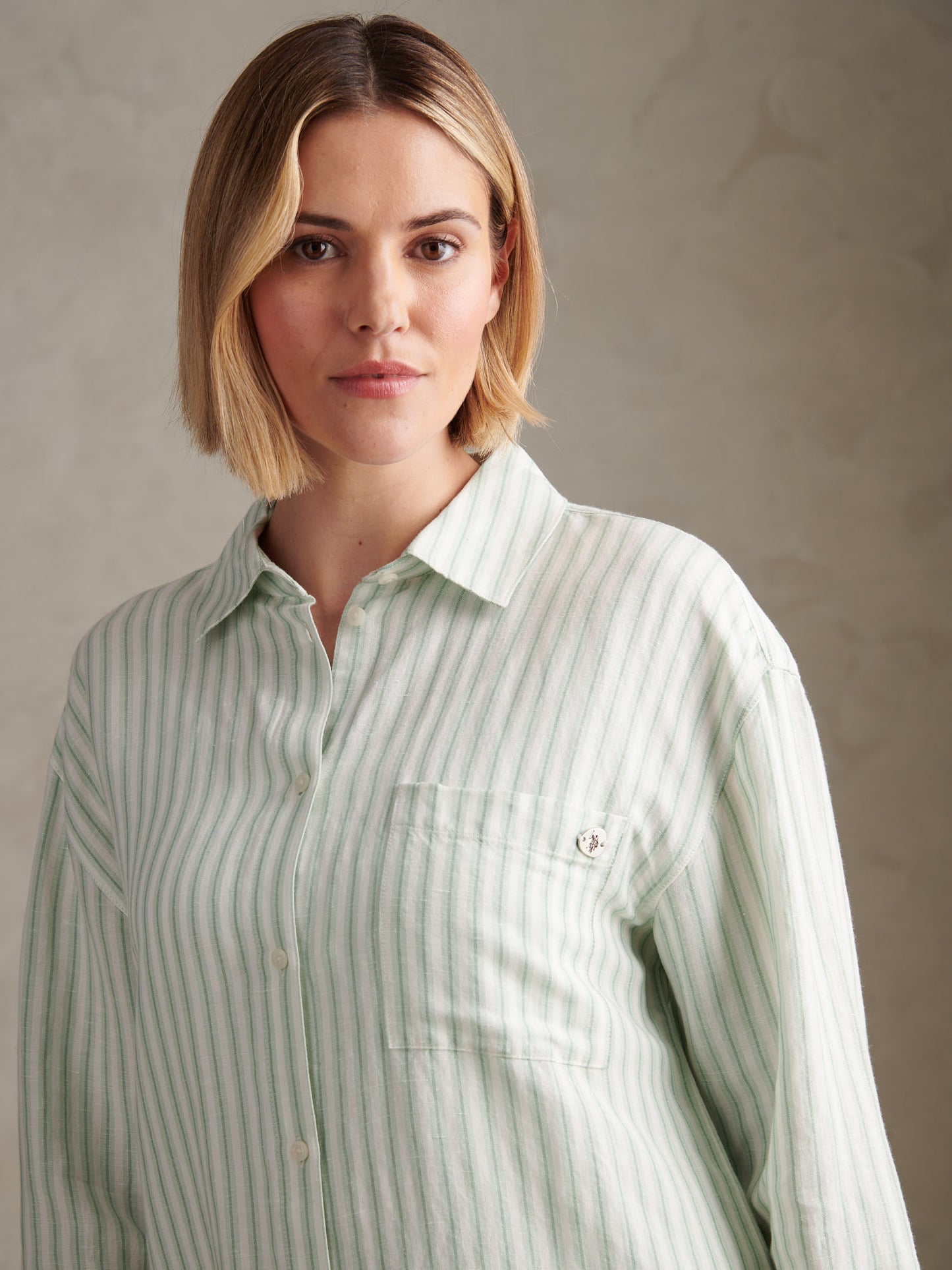 Womens Linen Blend Loose Fit Stripe Shirt Misty Jade