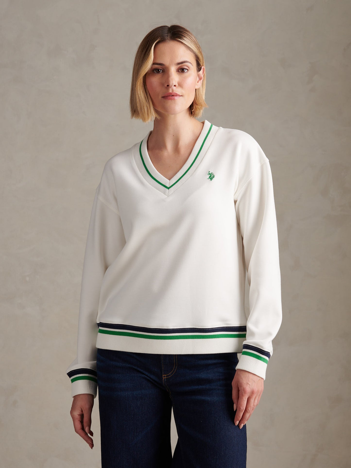 Womens Tipped V Neck Sweatshirt Marshmallow