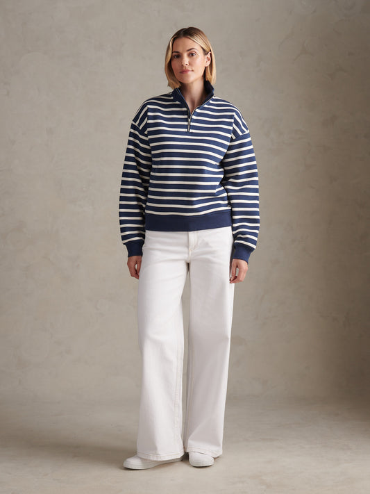 Womens Funnel Neck Stripe Sweatshirt Navy Iris