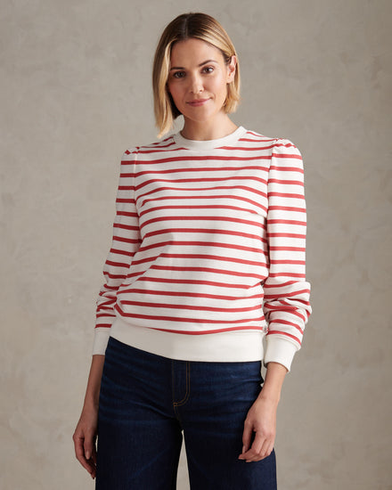 Womens Puff Sleeve Stripe Sweatshirt Mineral Red