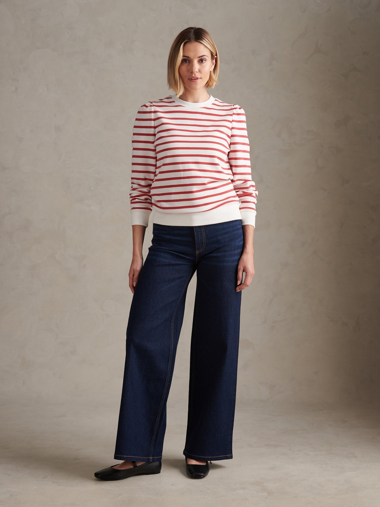 Womens Puff Sleeve Stripe Sweatshirt Mineral Red