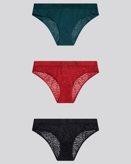 Womens 3 Pack Animal Jacquard Mesh Bikini Brief in Black