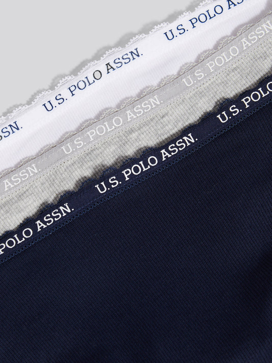 Womens 3 Pack Lace Trim Rib Bikini Brief in Pearl Grey Marl