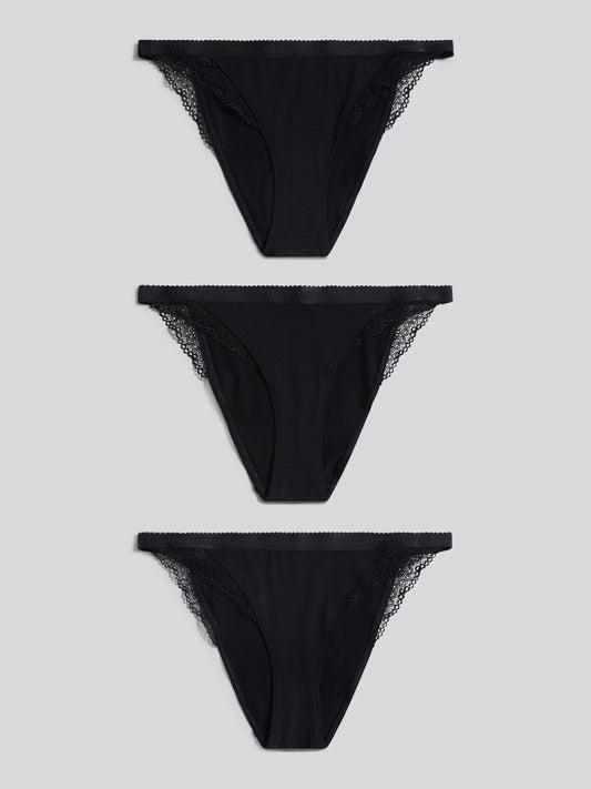 Womens 3 Pack Scallop Edge Lace Trim Bikini Brief in Black