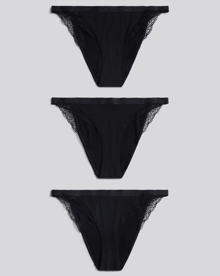 Womens 3 Pack Scallop Edge Lace Trim Bikini Brief in Black