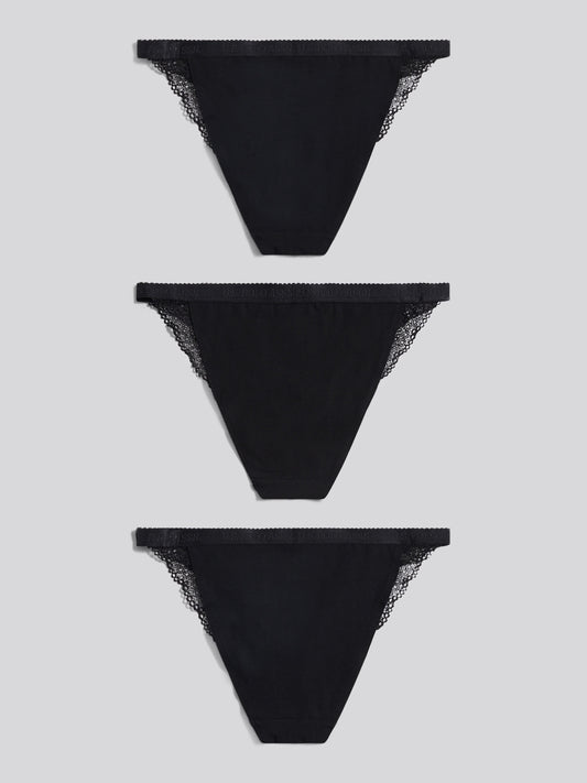 Womens 3 Pack Scallop Edge Lace Trim Bikini Brief in Black