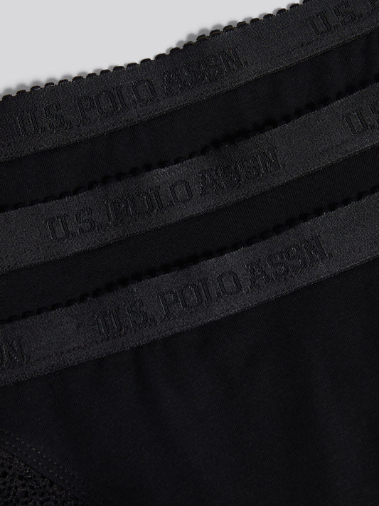 Womens 3 Pack Scallop Edge Lace Trim Bikini Brief in Black