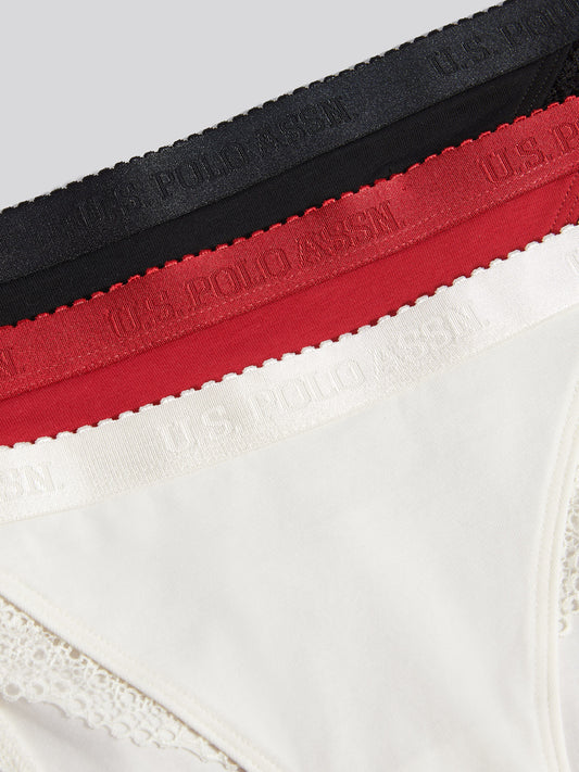 Womens 3 Pack Scallop Edge Lace Trim Bikini Brief in Marshmallow