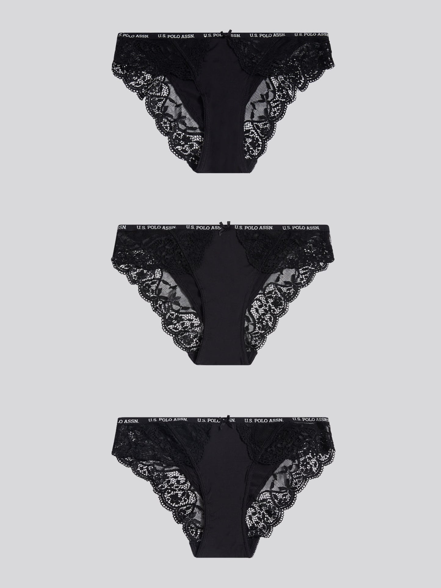 Womens 3 Pack Picot Trim & Lace Mix Bikini Brief in Black