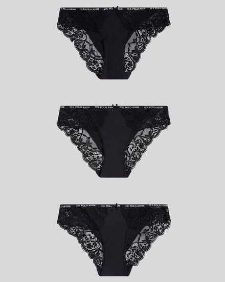 Womens 3 Pack Picot Trim & Lace Mix Bikini Brief in Black