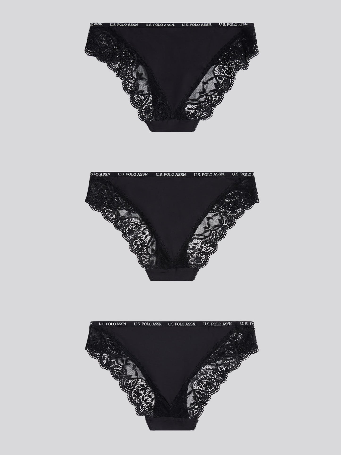 Womens 3 Pack Picot Trim & Lace Mix Bikini Brief in Black