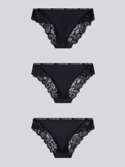Womens 3 Pack Picot Trim & Lace Mix Bikini Brief in Black