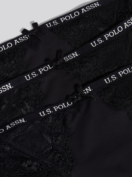 Womens 3 Pack Picot Trim & Lace Mix Bikini Brief in Black