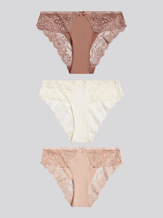 Womens 3 Pack Picot Trim & Lace Mix Bikini Brief in Egret