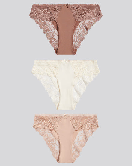 Womens 3 Pack Picot Trim & Lace Mix Bikini Brief in Egret
