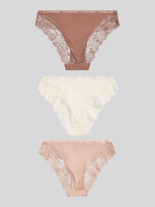 Womens 3 Pack Picot Trim & Lace Mix Bikini Brief in Egret