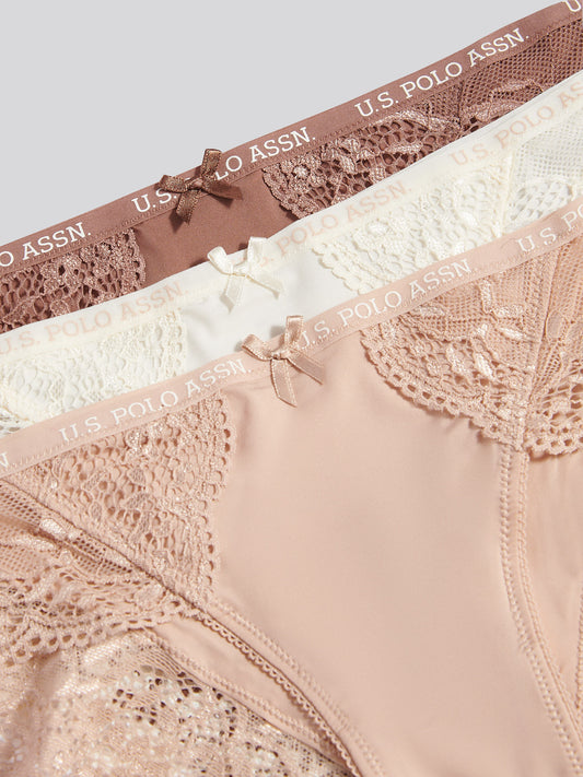 Womens 3 Pack Picot Trim & Lace Mix Bikini Brief in Egret