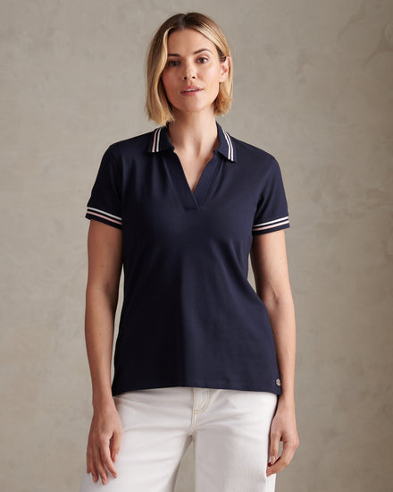 Womens Tipped Stretch Pique Polo Shirt Navy Iris