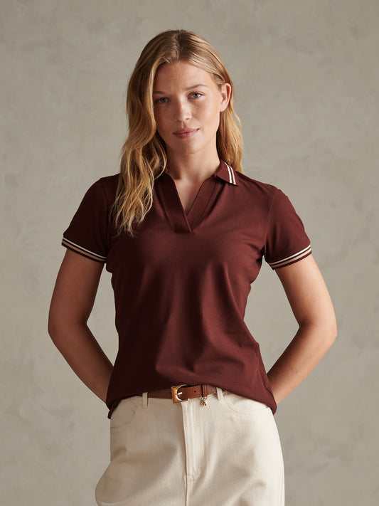 Womens Tipped Stretch Pique Polo Shirt Bitter Chocolate