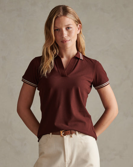 Womens Tipped Stretch Pique Polo Shirt Bitter Chocolate