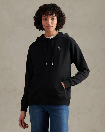 Womens Double Horsemen Logo Hoodie Black