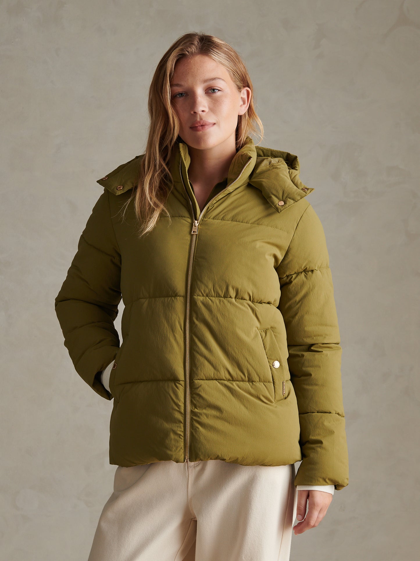Womens Short Puffer Jacket Olive Branch