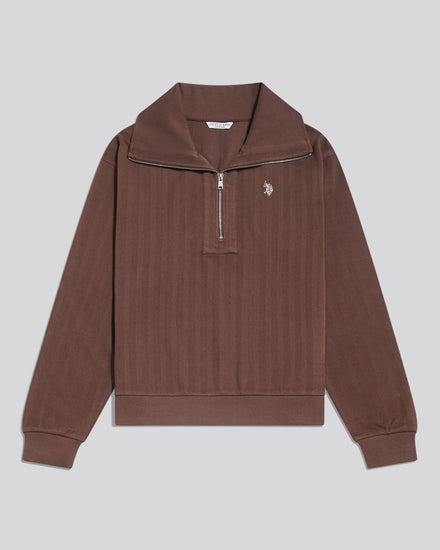 Womens Herringbone Twill Quarter Zip Sweat Coffee Bean