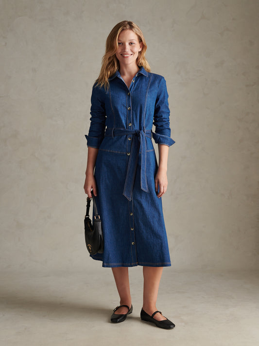 Womens Denim Midaxi Shirt Dress Mid Blue Wash