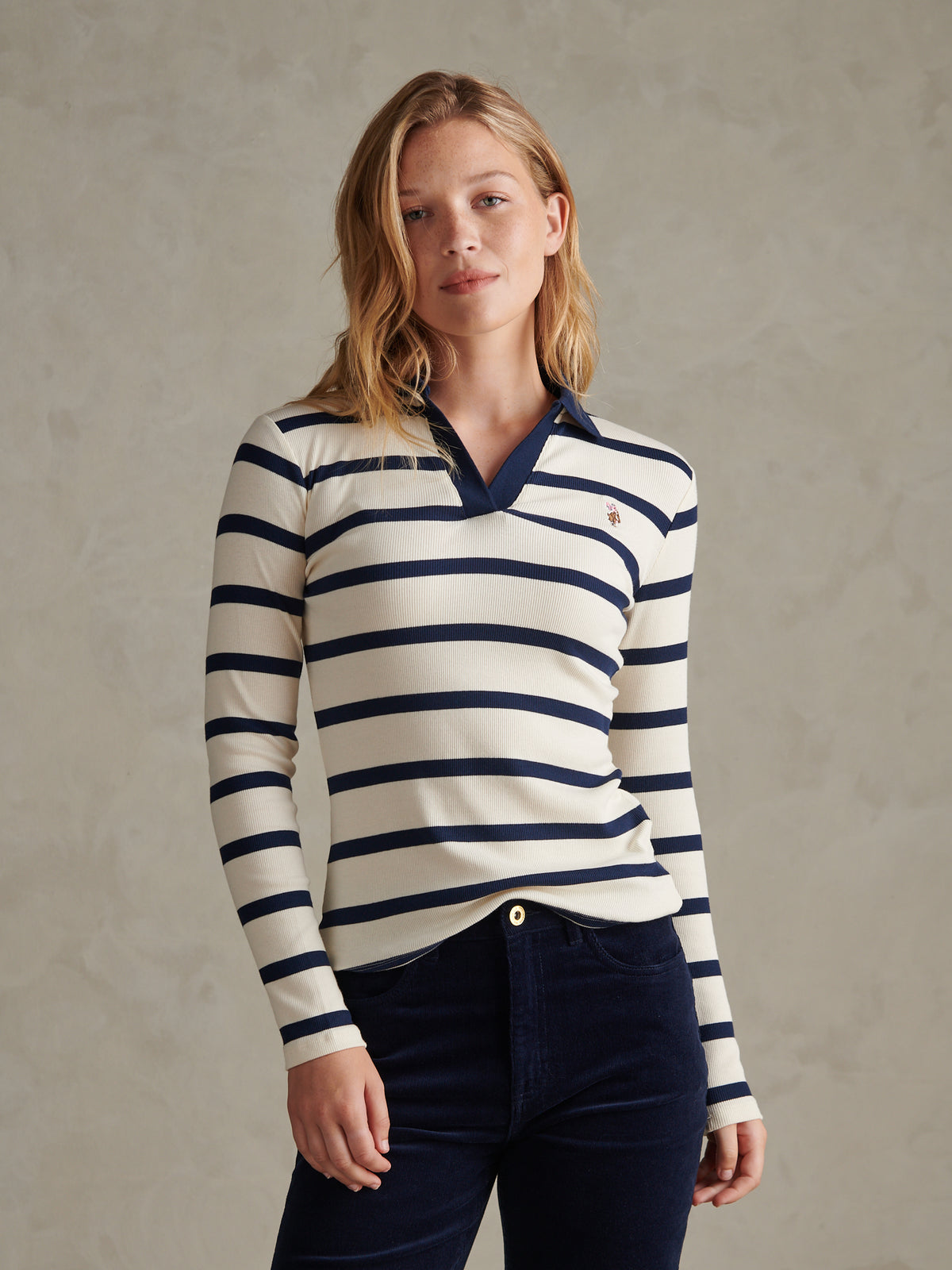 Womens Striped V-Neck Polo Top Navy Iris