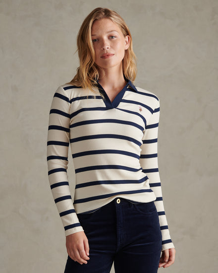 Womens Striped V-Neck Polo Top Navy Iris