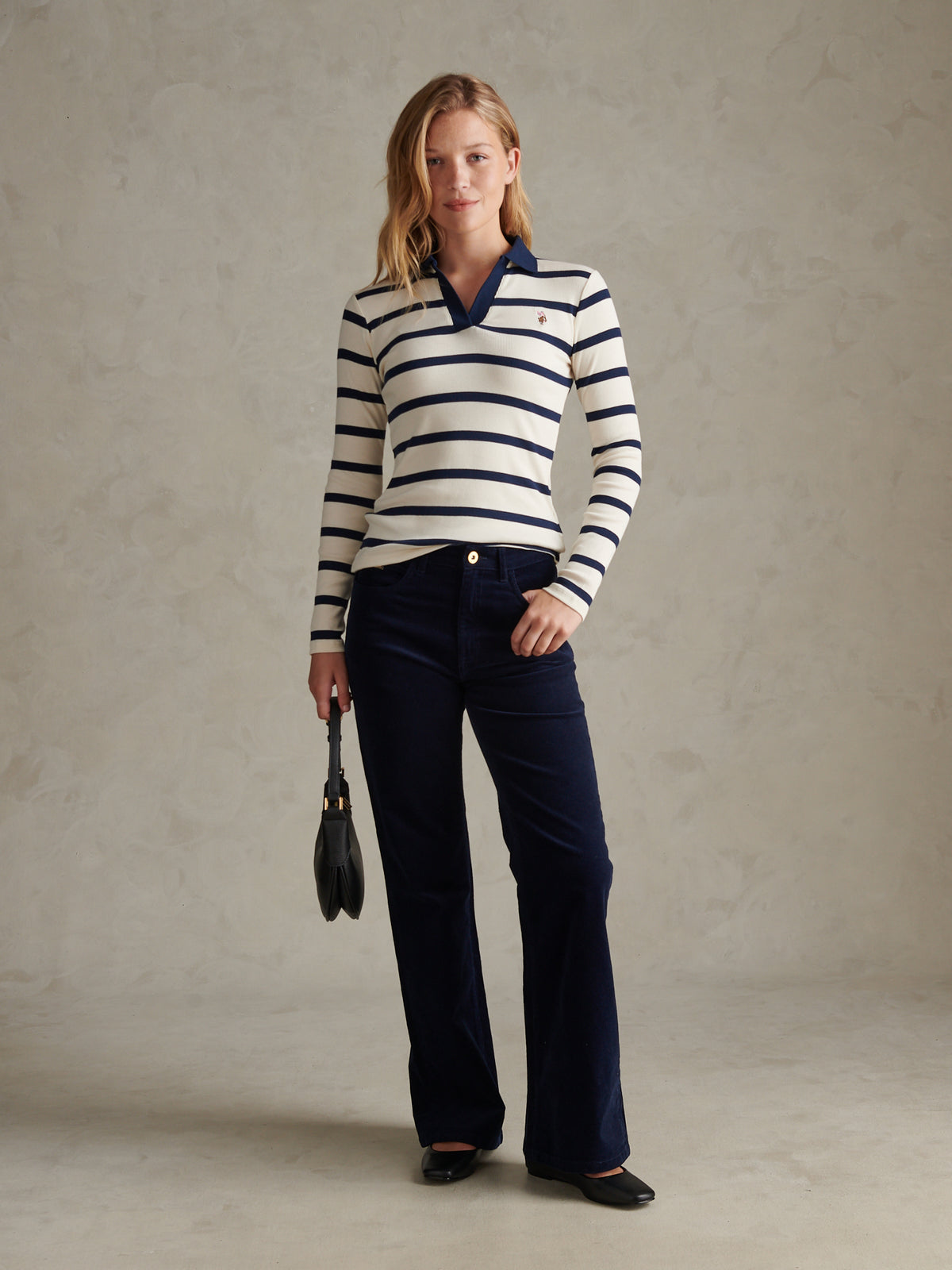 Womens Striped V-Neck Polo Top Navy Iris