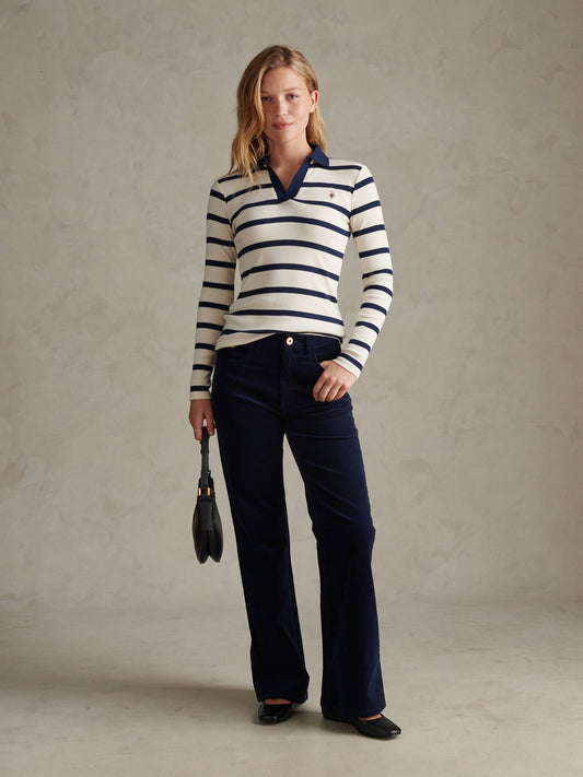 Womens Striped V-Neck Polo Top Navy Iris