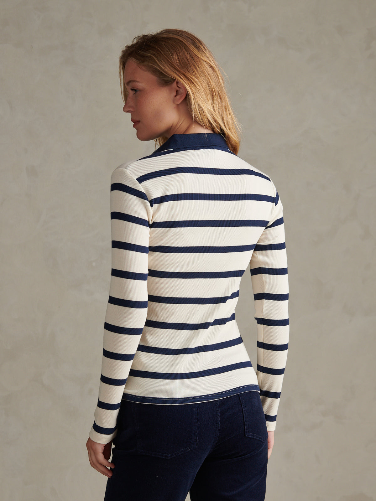 Womens Striped V-Neck Polo Top Navy Iris