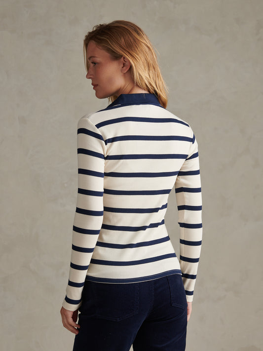 Womens Striped V-Neck Polo Top Navy Iris