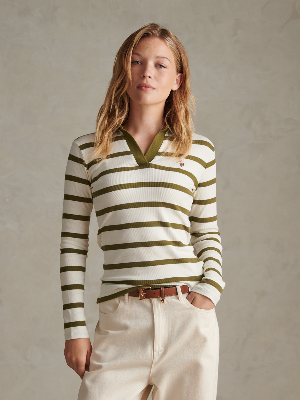 Womens Striped V-Neck Polo Top Olive Branch