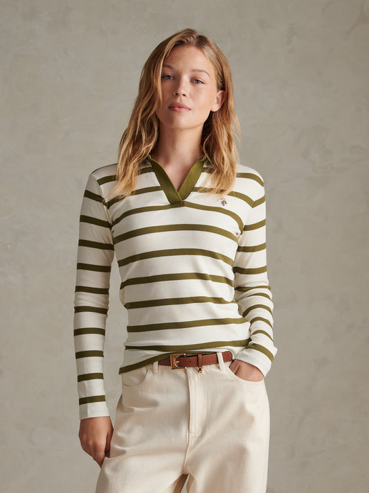 Womens Striped V-Neck Polo Top Olive Branch