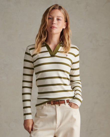 Womens Striped V-Neck Polo Top Olive Branch