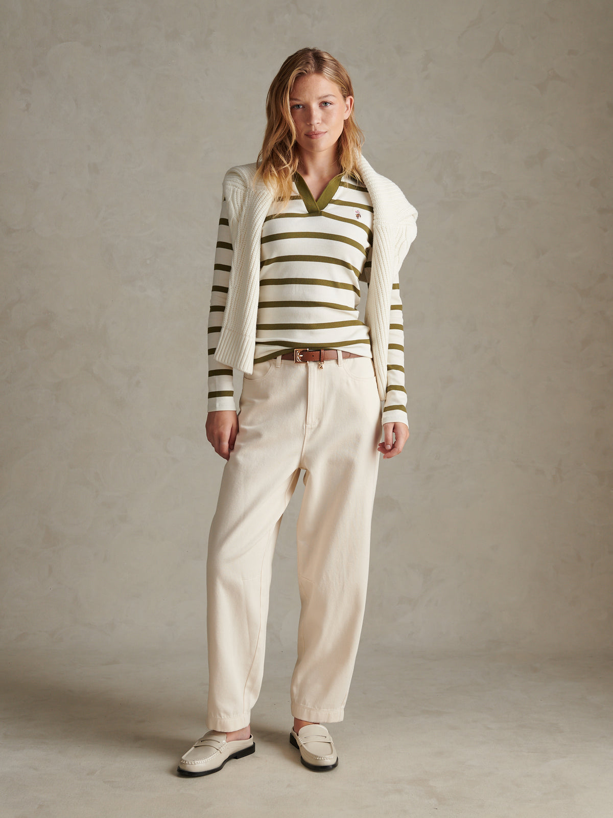 Womens Striped V-Neck Polo Top Olive Branch