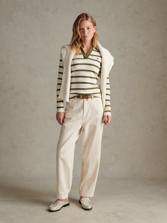 Womens Striped V-Neck Polo Top Olive Branch