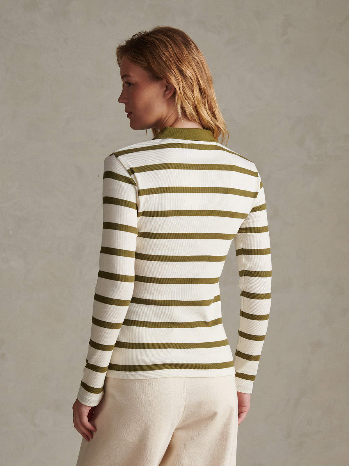 Womens Striped V-Neck Polo Top Olive Branch