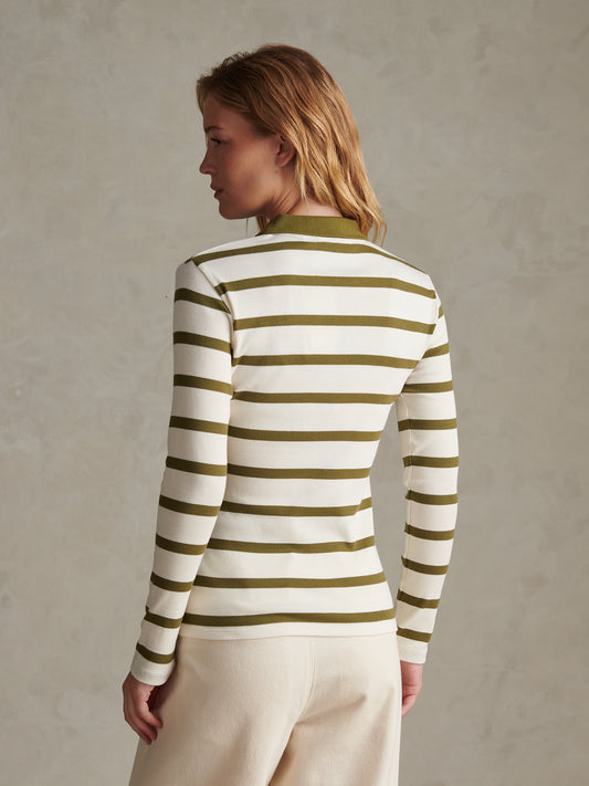 Womens Striped V-Neck Polo Top Olive Branch